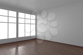 Corner of white empty room with windows and dark wooden parquet floor, 3D illustration