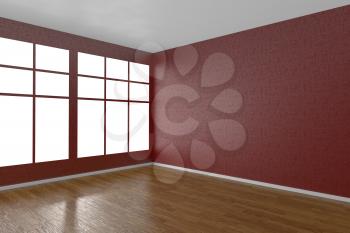 Corner of red empty room with windows and wooden parquet floor, 3D illustration