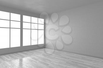 Corner of white empty room with windows and white wooden parquet floor, 3D illustration