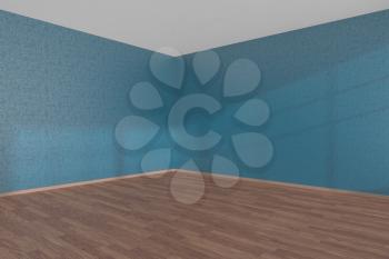 Blue empty room corner with wooden parquet floor under sun light through windows, 3D illustration