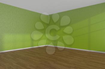 Green empty room corner with wooden parquet floor under sun light through windows, 3D illustration