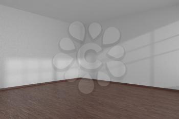 White empty room corner with dark wooden parquet floor under sun light through windows, 3D illustration