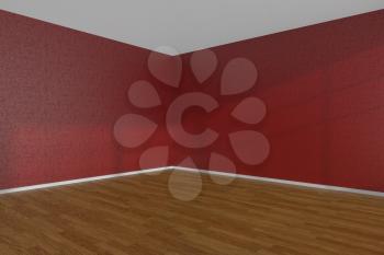 Red empty room corner with wooden parquet floor under sun light through windows, 3D illustration