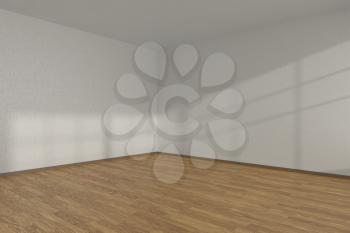 White empty room corner with wooden parquet floor under sun light through windows, 3D illustration