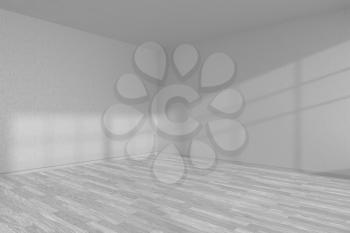White empty room corner with white wooden parquet floor under sun light through windows, 3D illustration