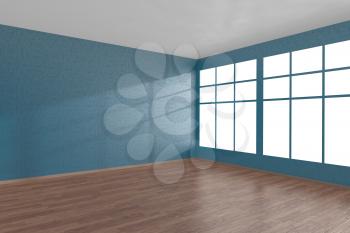 Corner of blue empty room with large windows and wooden parquet floor, 3D illustration