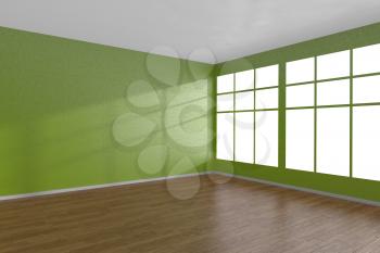 Corner of green empty room with large windows and wooden parquet floor, 3D illustration