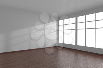 Corner of white empty room with large windows and dark wooden parquet floor, 3D illustration