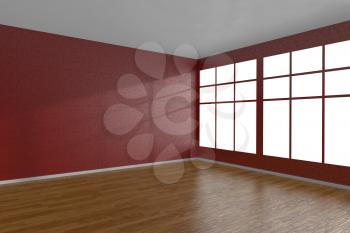 Corner of red empty room with large windows and wooden parquet floor, 3D illustration