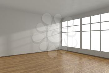 Corner of white empty room with large windows and wooden parquet floor, 3D illustration