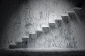 Business rise, forward achievement, progress way, success and hope creative concept: Ascending stairs of rising staircase in rough dark empty room with spot light with concrete floor and wall 3d illustration