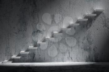 Business rise, forward achievement, progress way, success and hope creative concept: Ascending stairs of rising staircase in rough dark empty room with light with concrete floor and concrete wall 3d illustration