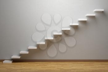 Business rise, forward achievement, progress way, success and hope creative concept: Ascending stairs of rising staircase in empty room with parquet floor and plinth, 3d illustration