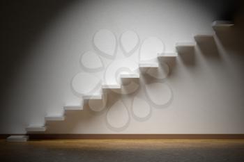 Business rise, forward achievement, progress way, success and hope creative concept: Ascending stairs of rising staircase in dark empty room with spot light with parquet floor and plinth, 3d illustration