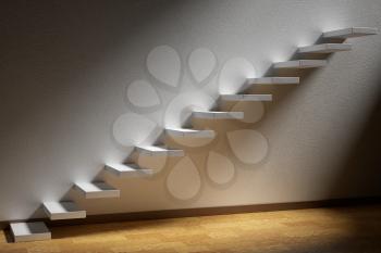 Business rise, forward achievement, progress way, success and hope creative concept: Ascending stairs of rising staircase in dark empty room with light with parquet floor and plinth 3d illustration