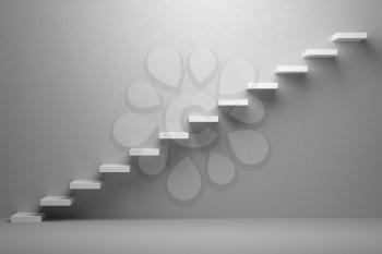 Business rise, forward achievement, progress way, success and hope creative concept: Ascending stairs of rising staircase in white empty room with light, 3d illustration