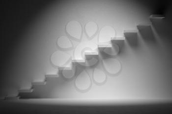 Business rise, forward achievement, progress way, success and hope creative concept: Ascending stairs of rising staircase in dark empty room with spot light, 3d illustration