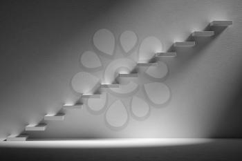 Business rise, forward achievement, progress way, success and hope creative concept: Ascending stairs of rising staircase in dark empty room with light, 3d illustration