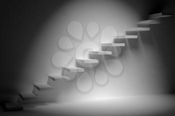 Business rise, forward achievement, progress way, success and hope creative concept: Ascending stairs of rising staircase in dark empty room with spot light 3d illustration