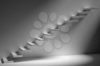 Business rise, forward achievement, progress way, success and hope creative concept: Ascending stairs of rising staircase in dark empty room with lightc 3d illustration