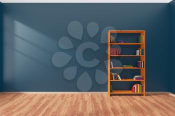 Minimalist interior of empty blue room with parquet floor and the bookcase with many colored books stood at the wall illuminated by sunlight from the window, 3D illustration