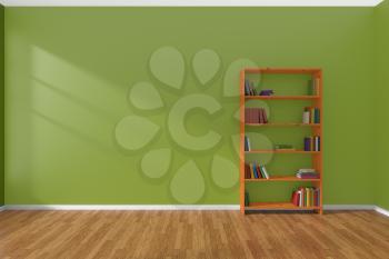 Minimalist interior of empty green room with parquet floor and the bookcase with many colored books stood at the wall illuminated by sunlight from the window, 3D illustration