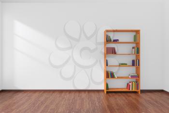 Minimalist interior of empty white room with dark parquet floor and the bookcase with many colored books stood at the wall illuminated by sunlight from the window, 3D illustration