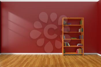 Minimalist interior of empty red room with parquet floor and the bookcase with many colored books stood at the wall illuminated by sunlight from the window, 3D illustration