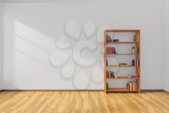 Minimalist interior of empty white room with parquet floor and the bookcase with many colored books stood at the wall illuminated by sunlight from the window, 3D illustration