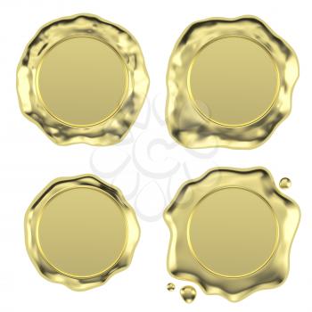 Set of gold sealing wax seal stamp without sign with small drops isolated on white background 3d illustration