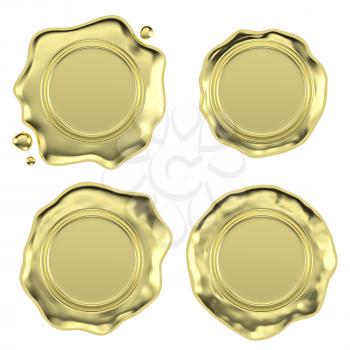 Set of golden sealing wax seal stamp without sign with small drops isolated on white background 3d illustration