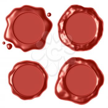 Set of red sealing wax seal stamp without sign with small drops isolated on white background, 3d illustration