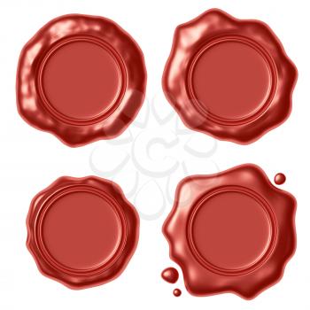 Set of red sealing wax seal stamp without sign with small drops isolated on white background 3d illustration