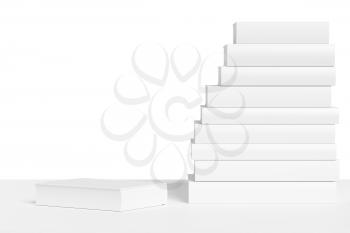 White bookshelf with stack of white books isolated on white background, colorless bleached 3D illustration