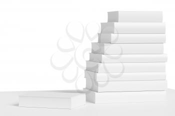 White bookshelf with stack of white books isolated on white background, colorless bleached 3D illustration, closeup view
