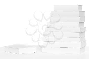 White bookshelf with stack of books isolated on white background, bleached colorless 3D illustration
