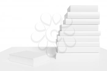 White bookshelf with stack of white books isolated on white background, bleached 3D illustration