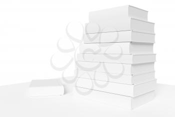 White bookshelf with stack of white books isolated on white background, colorless bleached 3D illustration diagonal view