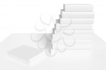 White bookshelf with stack of white books isolated on white, colorless bleached 3D illustration