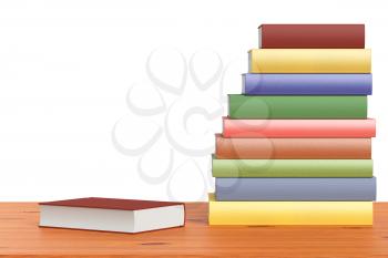 Wooden bookshelf with stack of colored books isolated on white 3D illustration