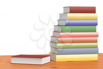 Simple wooden bookshelf with stack of color books isolated on white 3D illustration