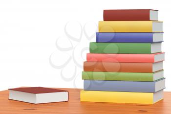 Wooden bookshelf with stack of colored books, isolated on white, 3D illustration, closeup view