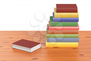 Wooden bookshelf with stack of colored books, isolated on white, 3D illustration