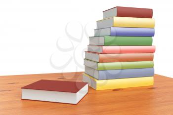 Simple wooden bookshelf with stack of colored books isolated on white 3D illustration closeup