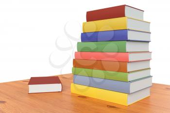 Wooden bookshelf or table with stack of color books isolated on white, 3D illustration, diagonal view