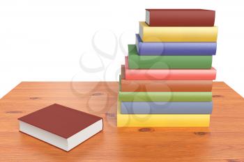 Simple wooden bookshelf or table with stack of colored books isolated on white 3D illustration