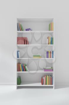 White bookcase on colorless floor about wall with many different color books on bookshelves, 3D illustration