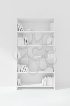 White bookcase on white floor about the wall with many books on bookshelves, colorless bleached 3D illustration