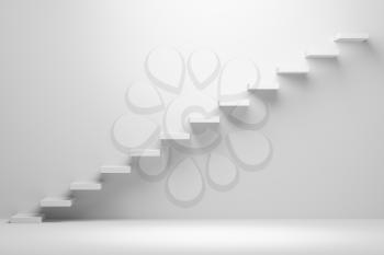 Ascending stairs of rising staircase going upward in white empty room, abstract white 3d illustration. Business growth, progress way and forward achievement creative concept.