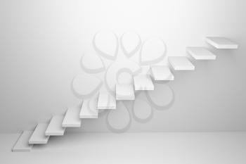 Ascending stairs of rising staircase going upward in white empty room, abstract white 3d illustration. Business growth, progress way and forward achievement creative concept.